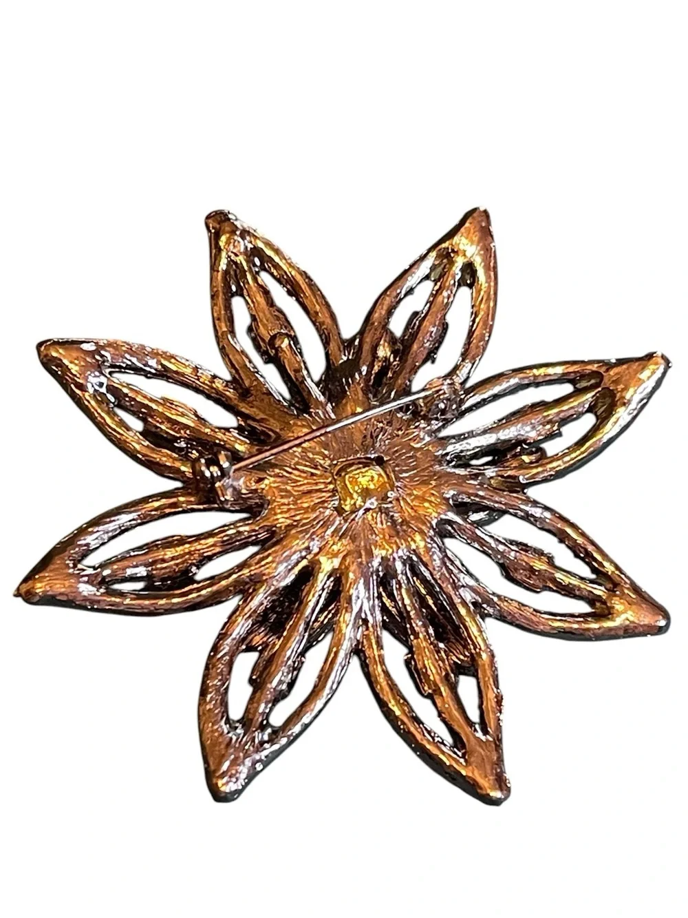 Vintage Multi-Tiered Gunmetal Oil Slick Rhinestone Flower Brooch